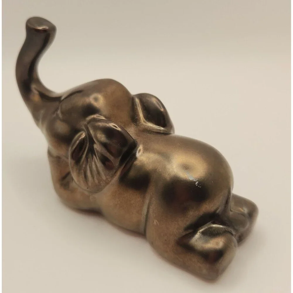 Elephant Figurine Statue Bronze Glazed Ceramic Cute Playful Whimsical 5